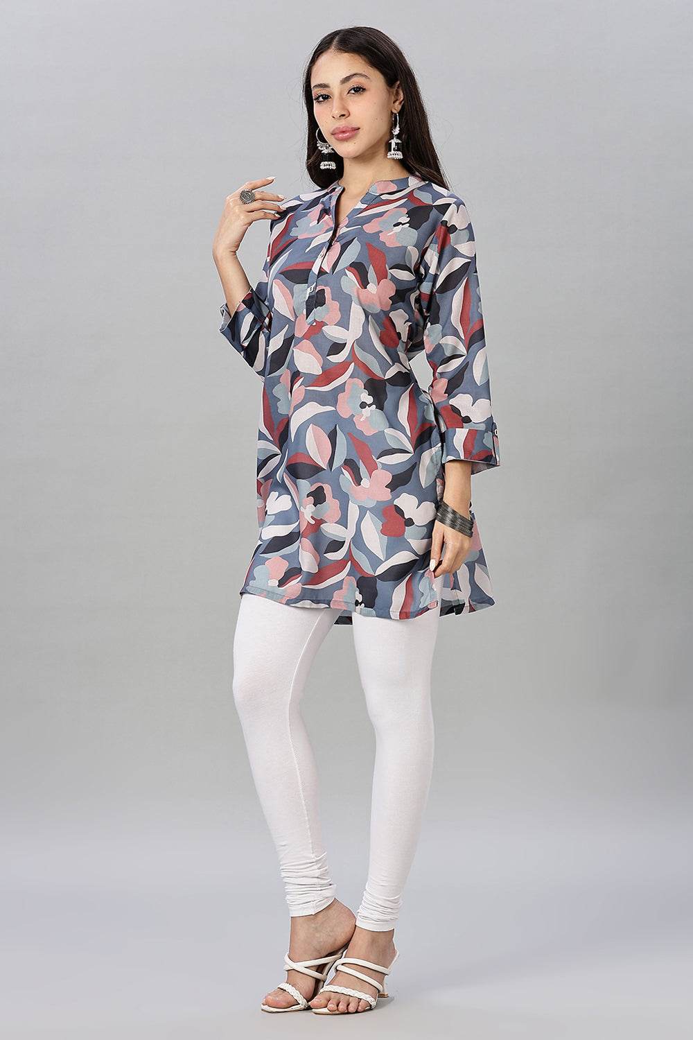 Mythri Women’s Bold Floral Short Kurta – Henley V-Neck, Roll-Up Sleeves & Straight Hem - Blue - TA04 - Naidu Hall Family Store