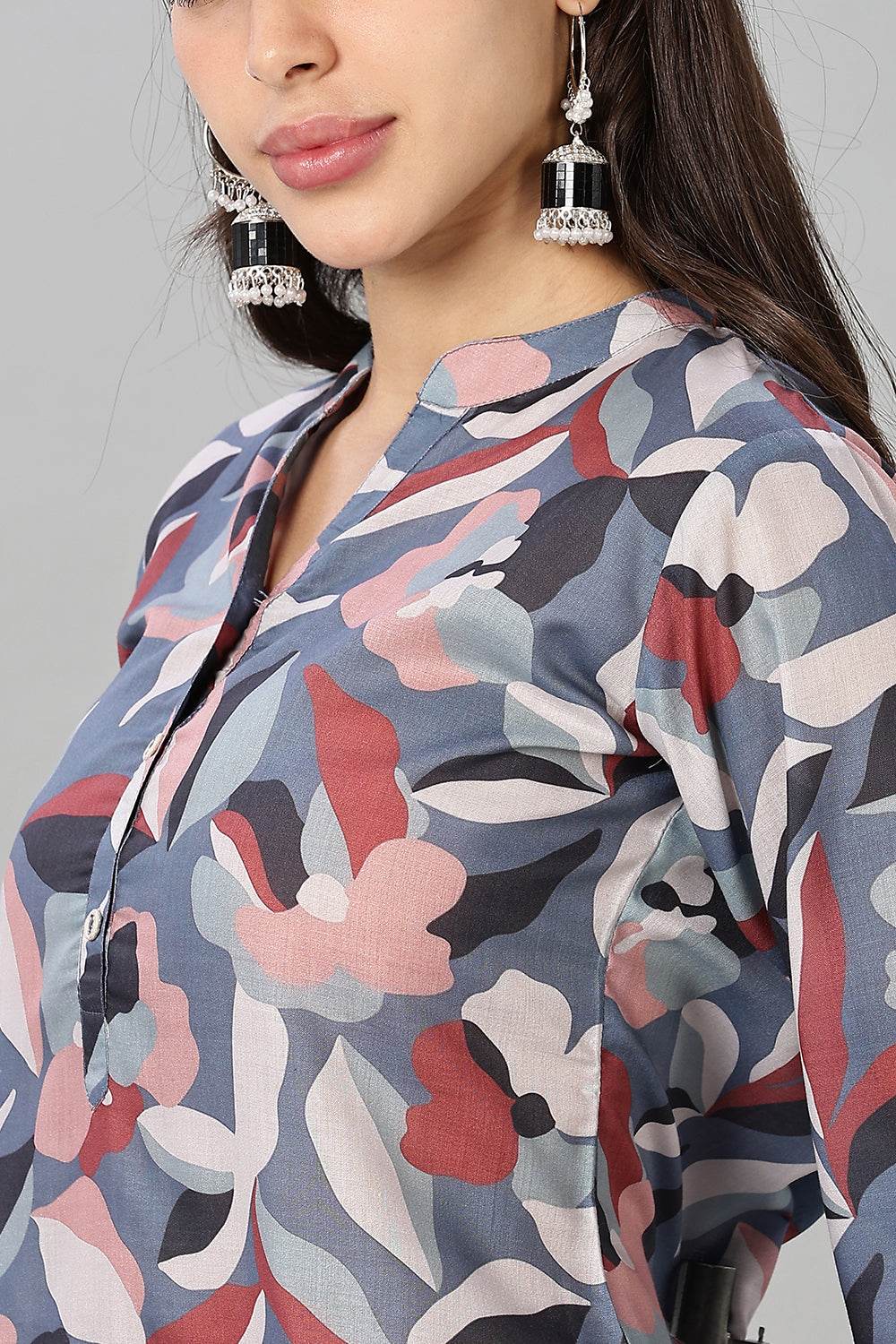 Mythri Women’s Bold Floral Short Kurta – Henley V-Neck, Roll-Up Sleeves & Straight Hem - Blue - TA04 - Naidu Hall Family Store