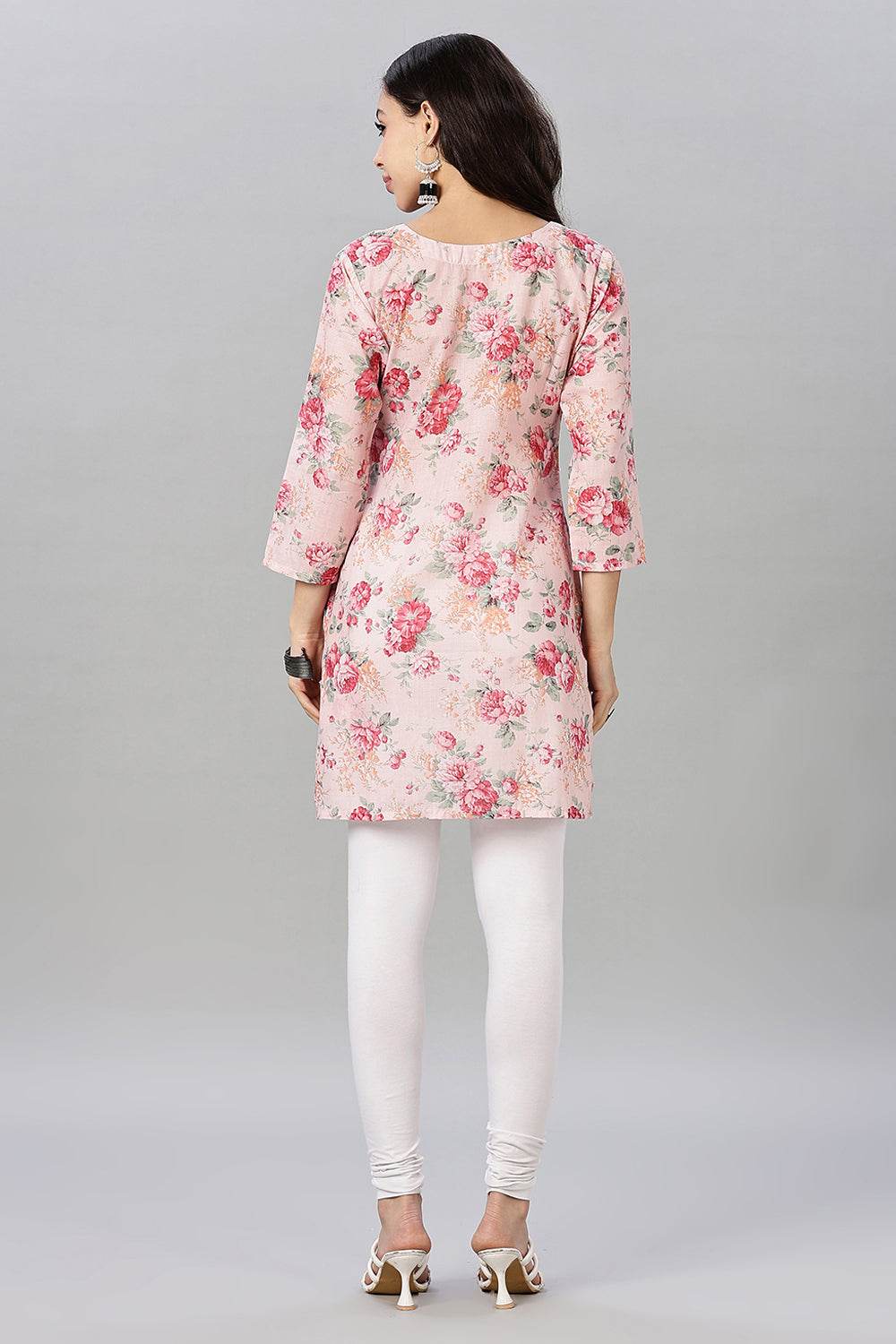 Mythri Women’s Printed Short Kurta – Round Neck, 3/4 Sleeves & Non-Functional Button Placket - Light Pink - TA03 - Naidu Hall Family Store
