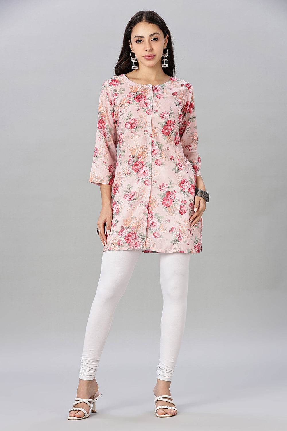 Mythri Women’s Printed Short Kurta – Round Neck, 3/4 Sleeves & Non-Functional Button Placket - Light Pink - TA03 - Naidu Hall Family Store