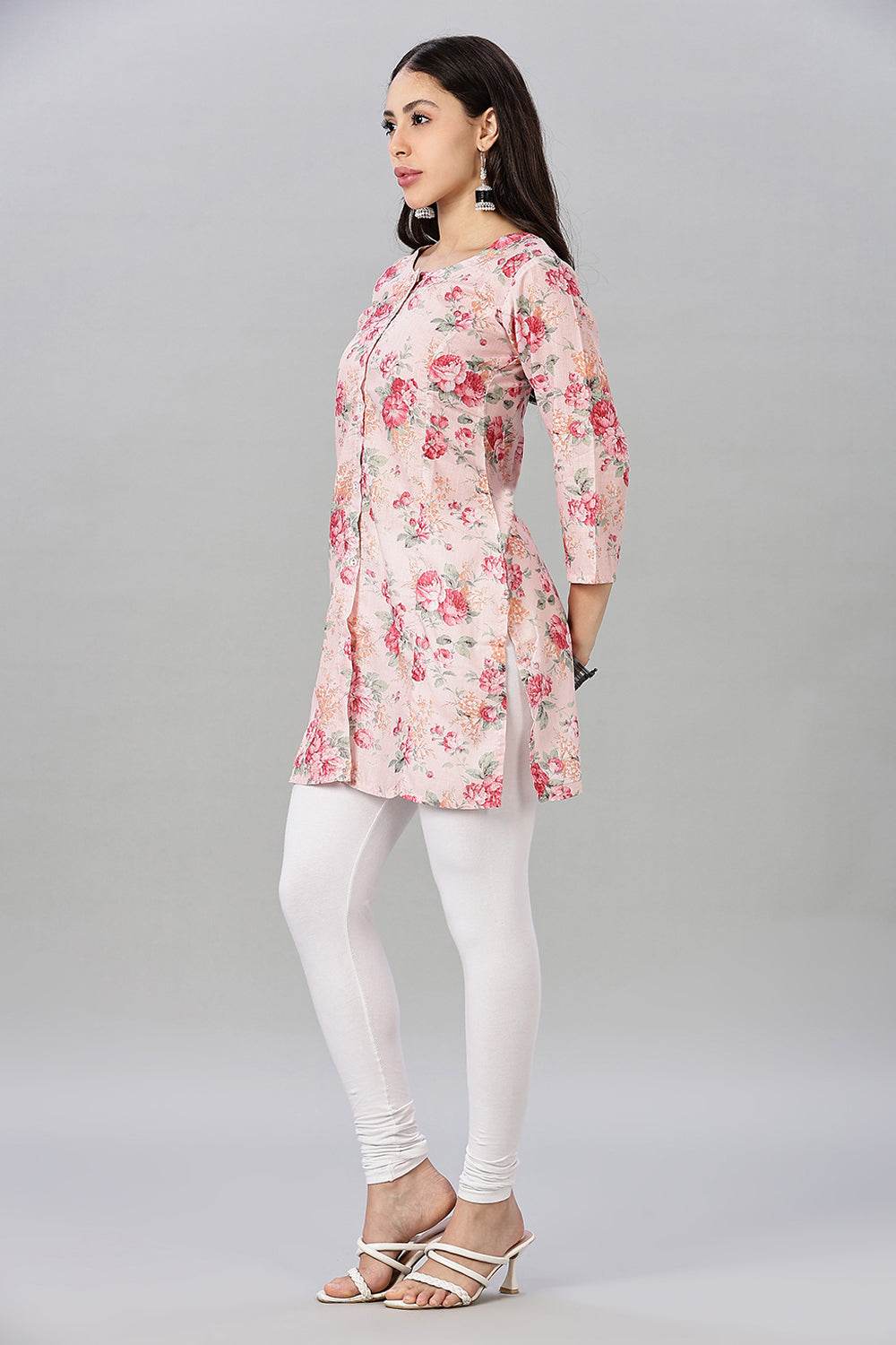 Mythri Women’s Printed Short Kurta – Round Neck, 3/4 Sleeves & Non-Functional Button Placket - Light Pink - TA03 - Naidu Hall Family Store