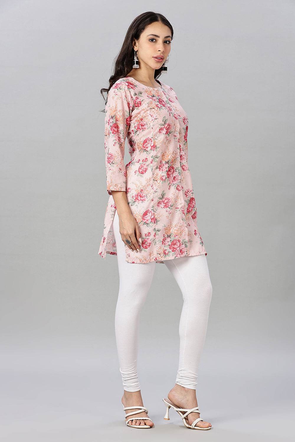 Mythri Women’s Printed Short Kurta – Round Neck, 3/4 Sleeves & Non-Functional Button Placket - Light Pink - TA03 - Naidu Hall Family Store