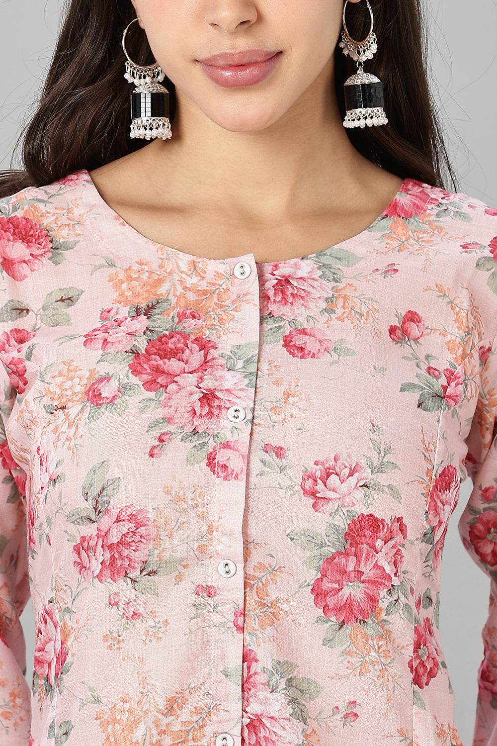Mythri Women’s Printed Short Kurta – Round Neck, 3/4 Sleeves & Non-Functional Button Placket - Light Pink - TA03 - Naidu Hall Family Store