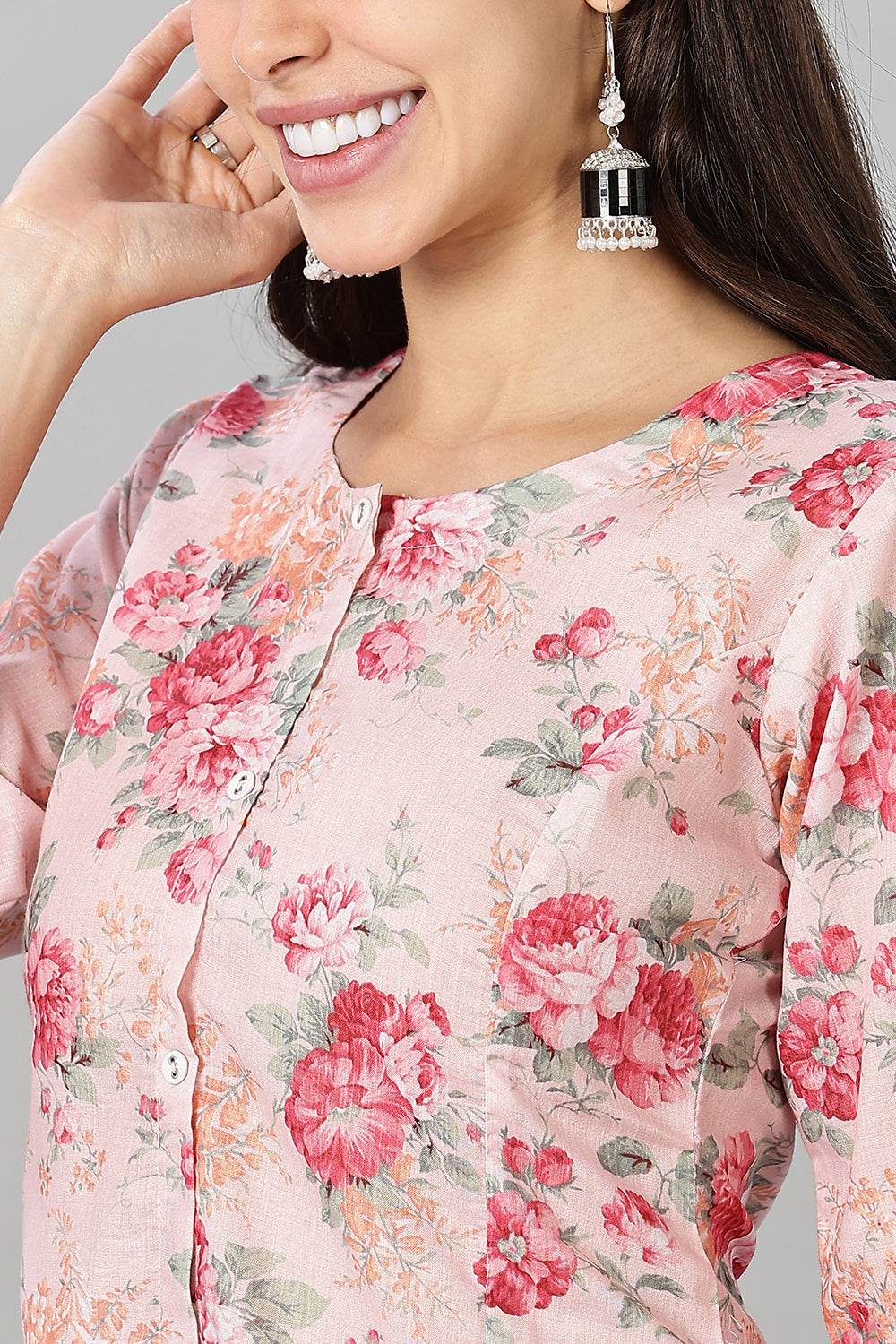 Mythri Women’s Printed Short Kurta – Round Neck, 3/4 Sleeves & Non-Functional Button Placket - Light Pink - TA03 - Naidu Hall Family Store