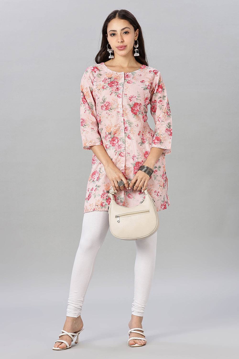 Mythri Women’s Printed Short Kurta – Round Neck, 3/4 Sleeves & Non-Functional Button Placket - Light Pink - TA03 - Naidu Hall Family Store