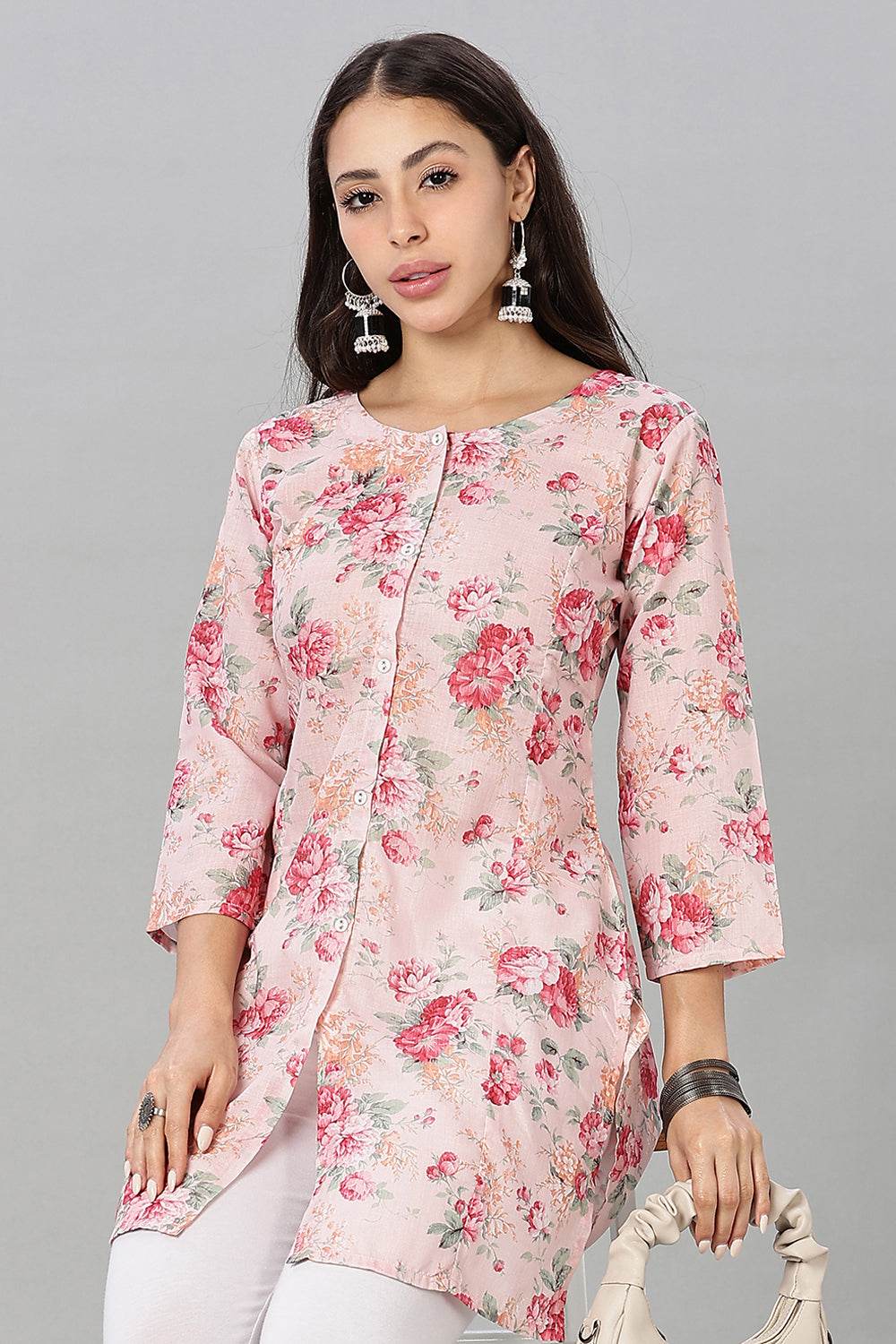 Mythri Women’s Printed Short Kurta – Round Neck, 3/4 Sleeves & Non-Functional Button Placket - Light Pink - TA03 - Naidu Hall Family Store