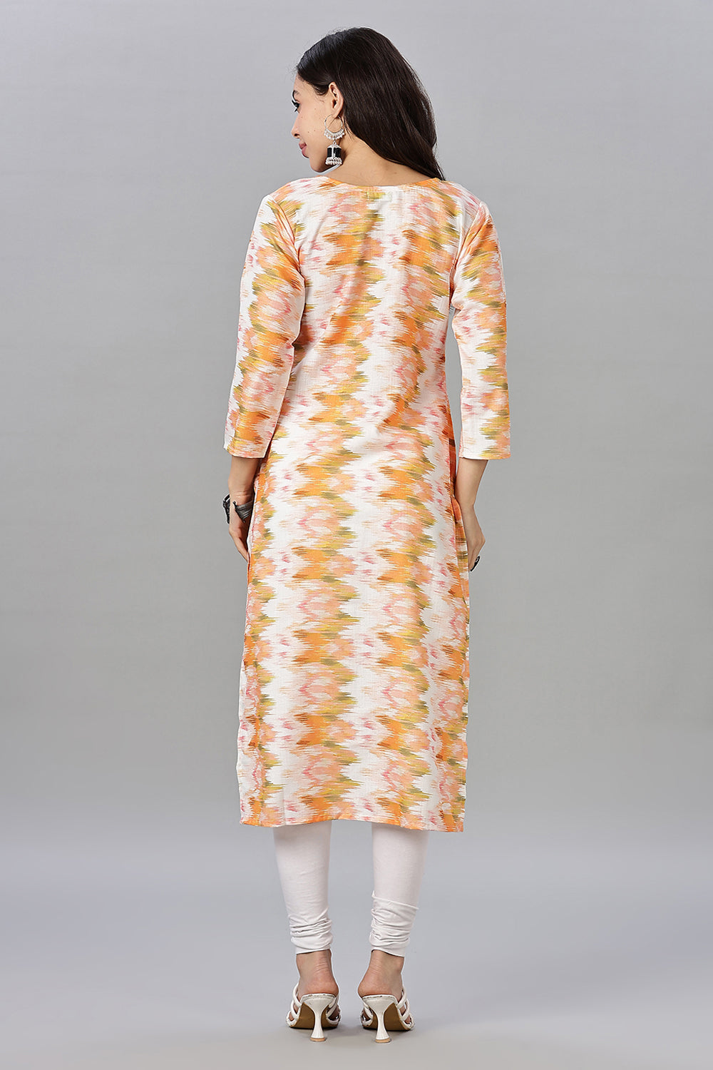 Mythri Women's Printed Cotton Blend Kurta – Round Neck, Contrast Buttons & 3/4 Sleeves
- Orange - KA12