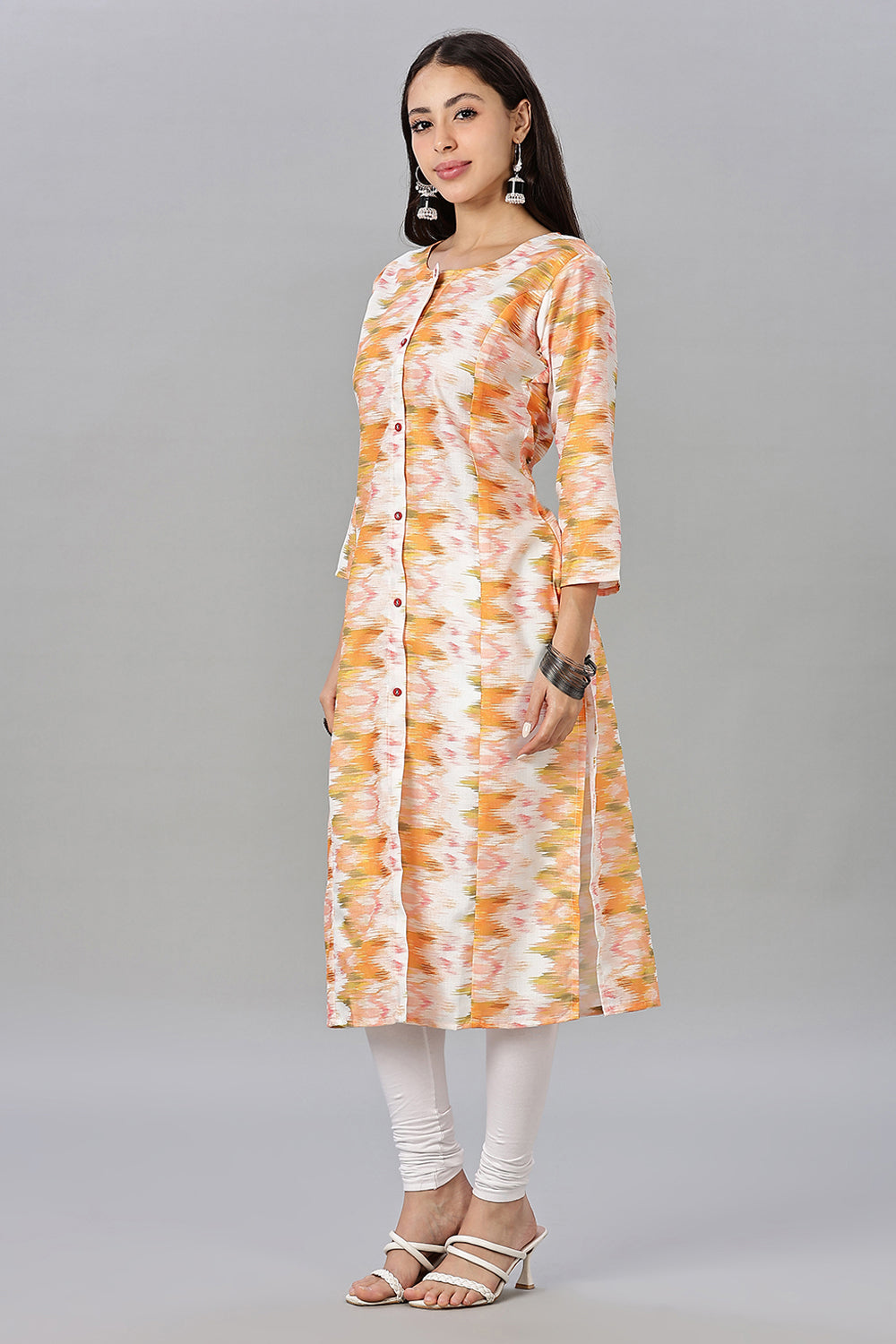 Mythri Women's Printed Cotton Blend Kurta – Round Neck, Contrast Buttons & 3/4 Sleeves
- Orange - KA12