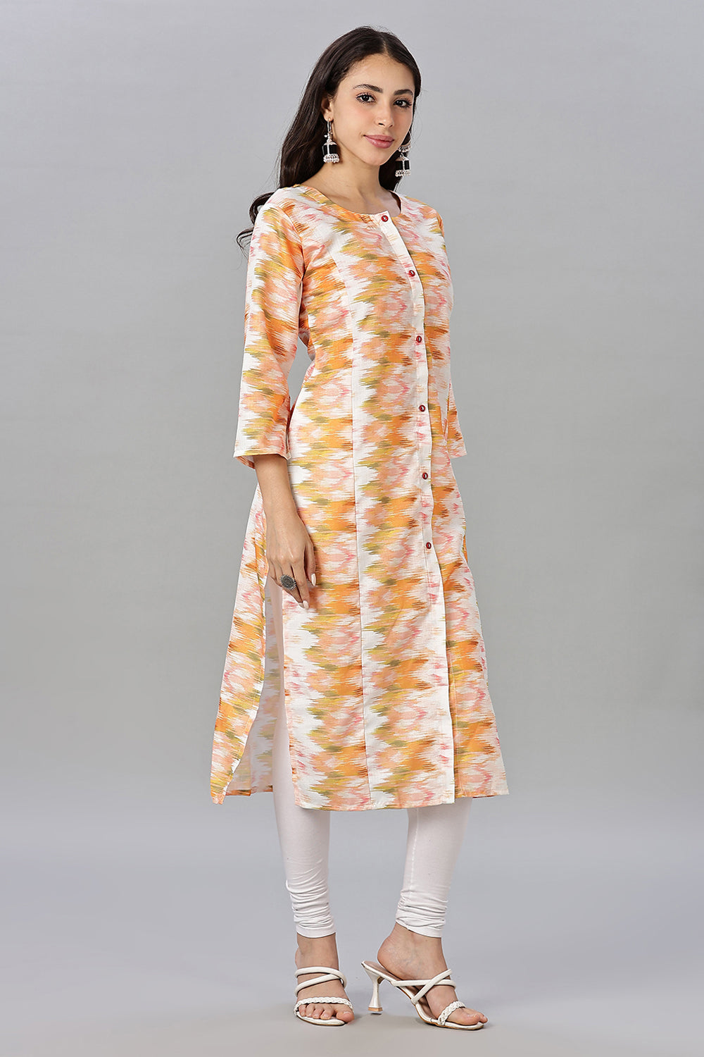 Mythri Women’s Printed Cotton Blend Kurta – Round Neck, Contrast Buttons & 3/4 Sleeves
- Orange - KA12