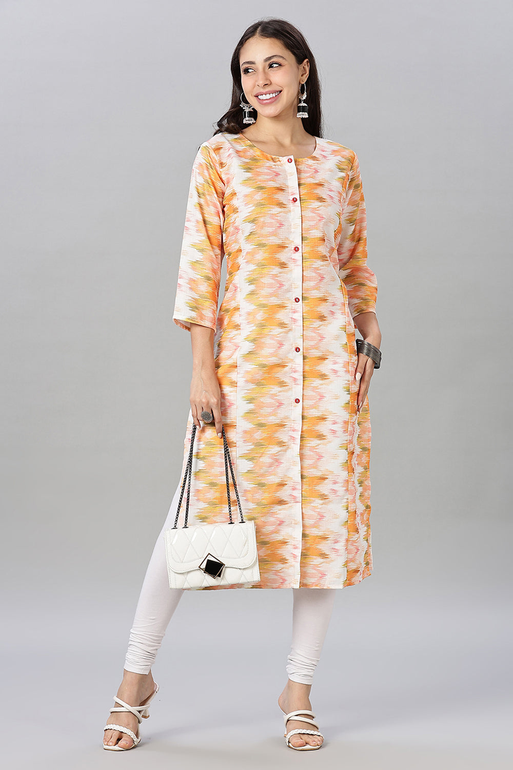 Mythri Women's Printed Cotton Blend Kurta – Round Neck, Contrast Buttons & 3/4 Sleeves
- Orange - KA12