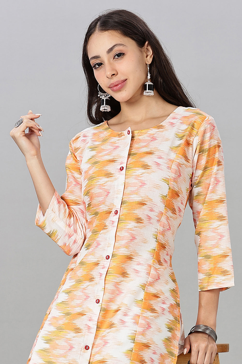 Mythri Women's Printed Cotton Blend Kurta – Round Neck, Contrast Buttons & 3/4 Sleeves
- Orange - KA12