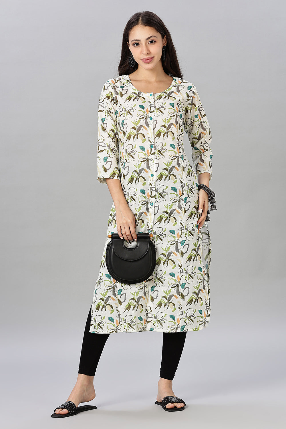 Mythri Women's Printed Cotton Blend Kurta – Round Neck, Contrast Buttons & 3/4 Sleeves
- Cream - KA13