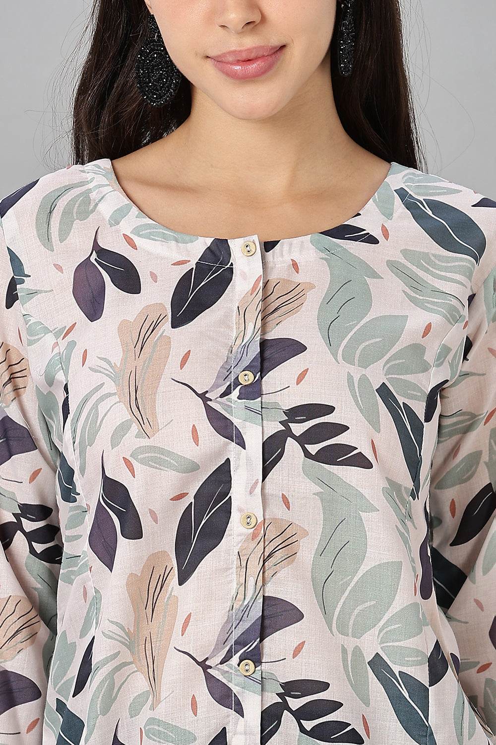 Mythri Women’s Printed Short Kurta – Round Neck, 3/4 Sleeves & Non-Functional Button Placket - Beige - TA02 - Naidu Hall Family Store
