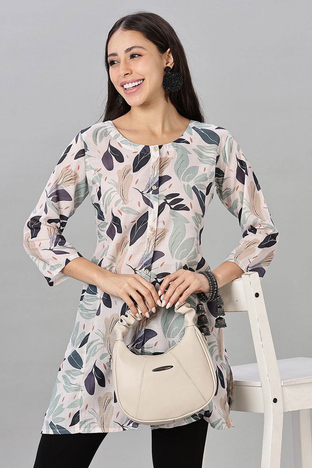 Mythri Women’s Printed Short Kurta – Round Neck, 3/4 Sleeves & Non-Functional Button Placket - Beige - TA02 - Naidu Hall Family Store