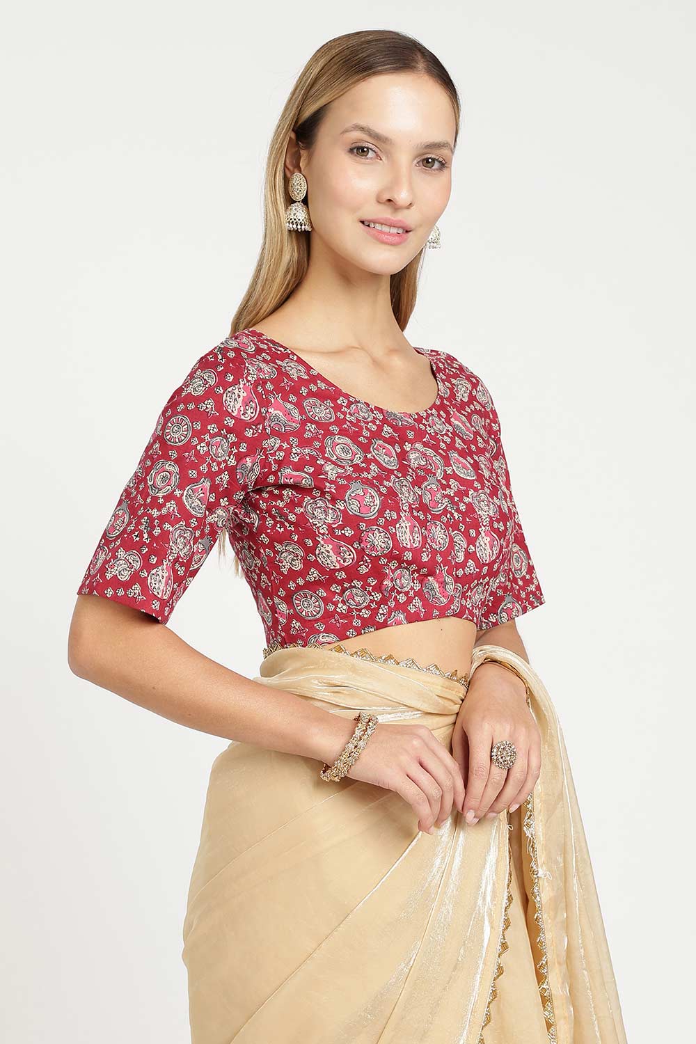 Naidu Hall Women’s Cotton Kalamkari Saree Blouse – U Neck Front Open Designer Blouse with Elbow Sleeves | Traditional Woven Cotton Blouse for Women - P4BU17