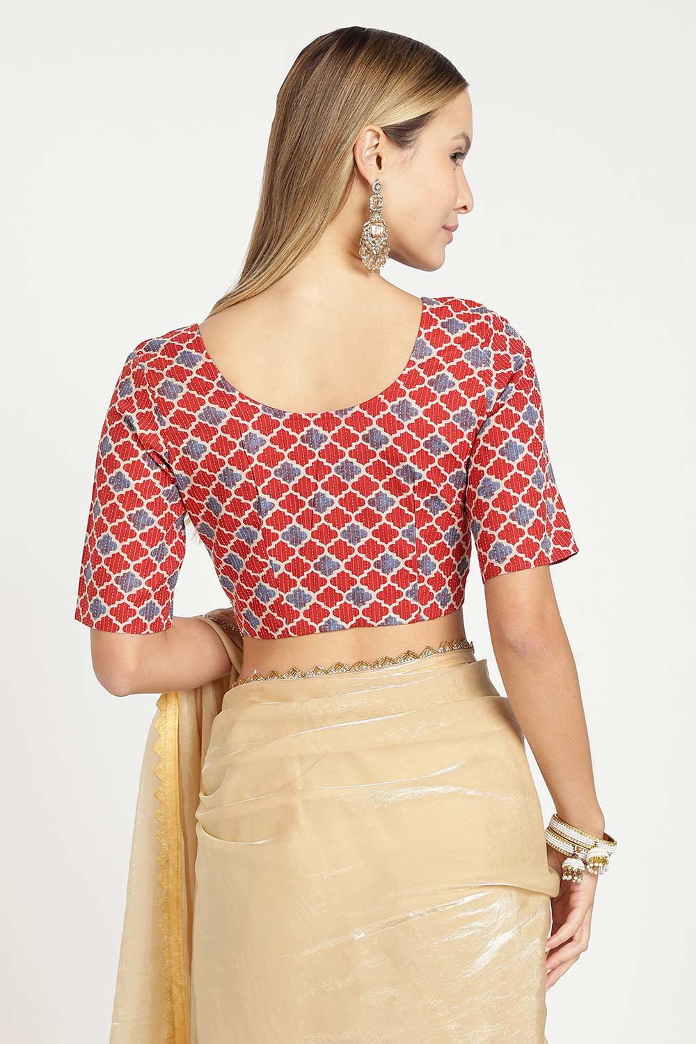 Naidu Hall Women’s Cotton Saree Blouse – Kantha Stitch & Geometric Print U Neck Front Open Designer Blouse with Elbow Sleeves - P5BU17