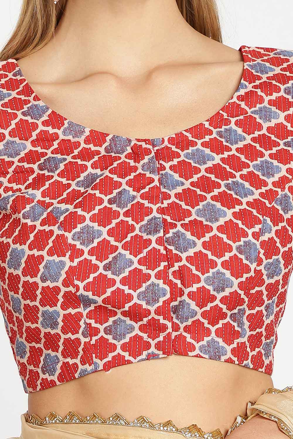 Naidu Hall Women’s Cotton Saree Blouse – Kantha Stitch & Geometric Print U Neck Front Open Designer Blouse with Elbow Sleeves - P5BU17