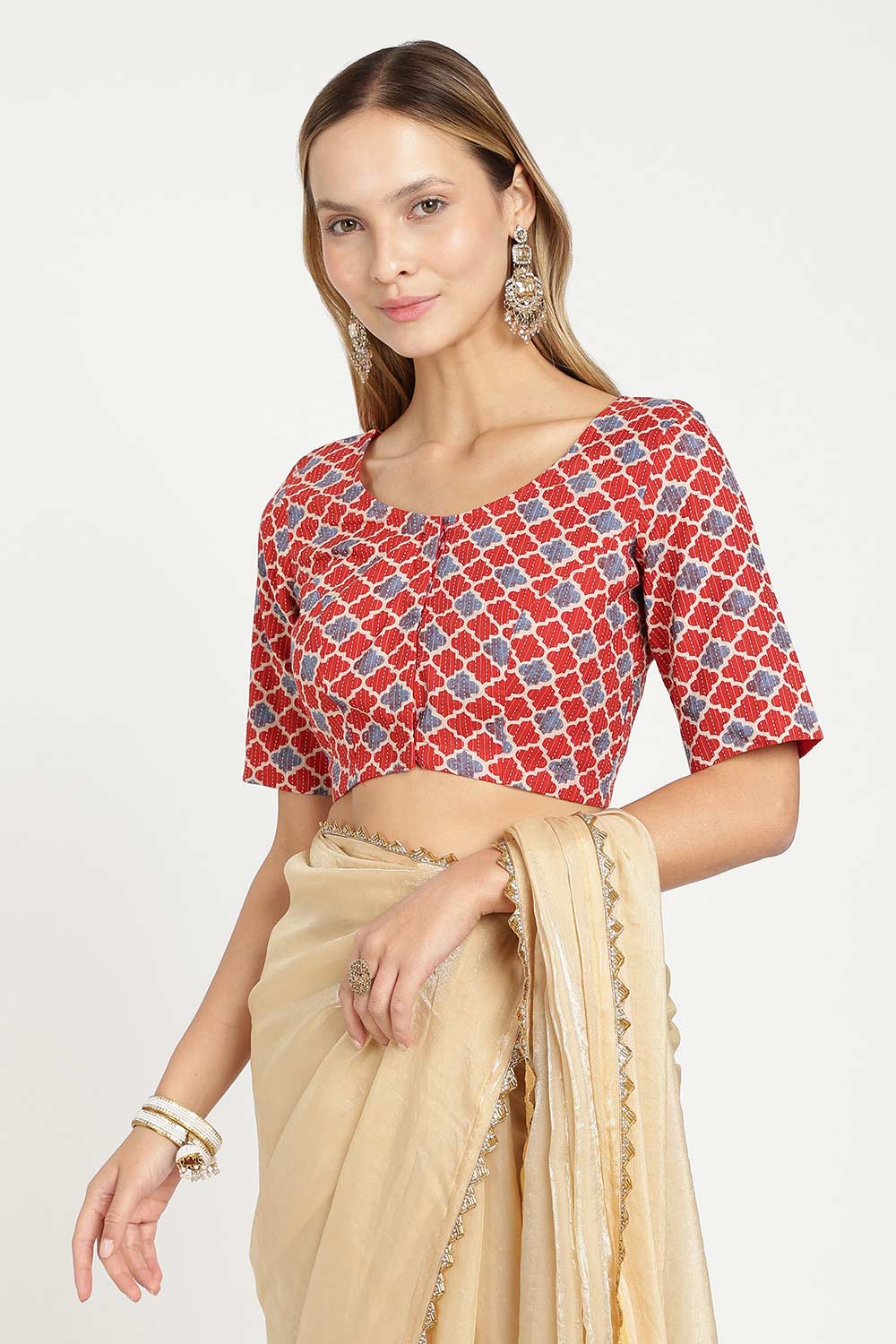 Naidu Hall Women’s Cotton Saree Blouse – Kantha Stitch & Geometric Print U Neck Front Open Designer Blouse with Elbow Sleeves - P5BU17