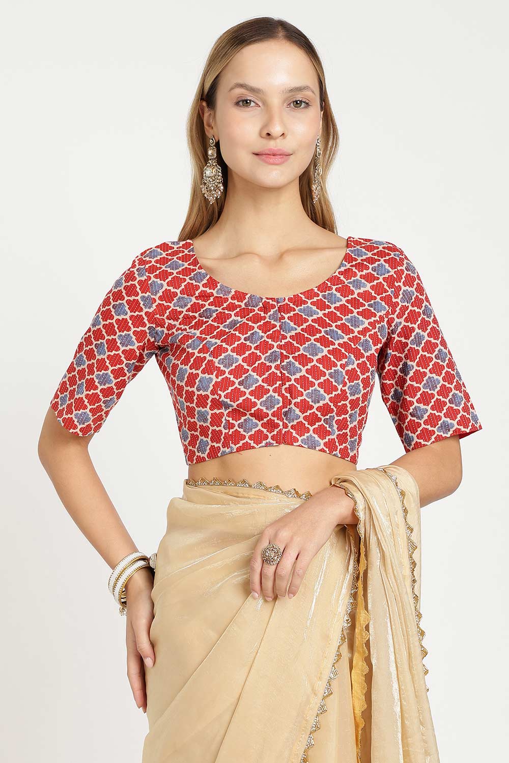 Naidu Hall Women’s Cotton Saree Blouse – Kantha Stitch & Geometric Print U Neck Front Open Designer Blouse with Elbow Sleeves - P5BU17