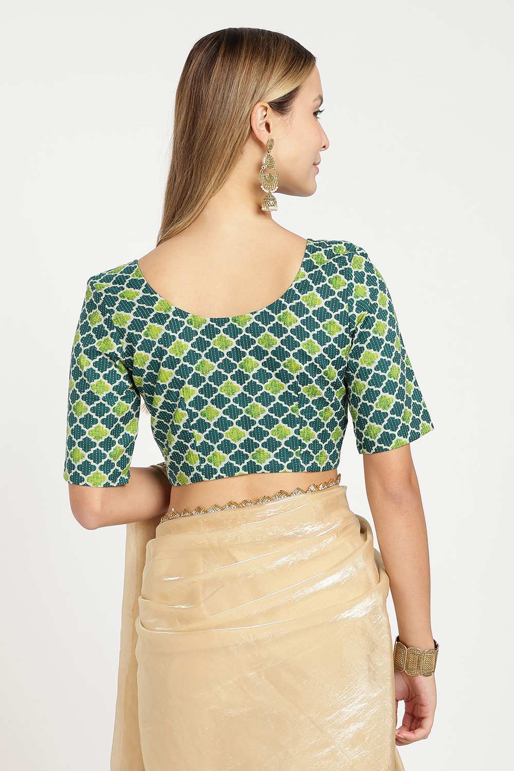 Naidu Hall Women’s Cotton Saree Blouse – Kantha Stitch & Geometric Print U Neck Front Open Designer Blouse with Elbow Sleeves - P5BU17