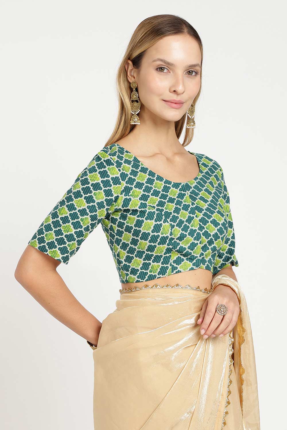 Naidu Hall Women’s Cotton Saree Blouse – Kantha Stitch & Geometric Print U Neck Front Open Designer Blouse with Elbow Sleeves - P5BU17