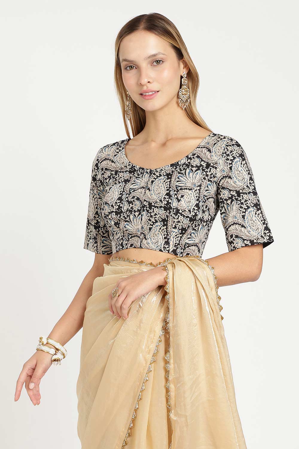 Naidu Hall Women’s Cotton Kalamkari Saree Blouse – U Neck Front Open Designer Blouse with Elbow Sleeves | Traditional Woven Cotton Blouse for Women - P6BU17