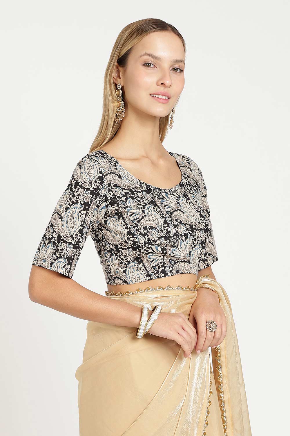 Naidu Hall Women’s Cotton Kalamkari Saree Blouse – U Neck Front Open Designer Blouse with Elbow Sleeves | Traditional Woven Cotton Blouse for Women - P6BU17