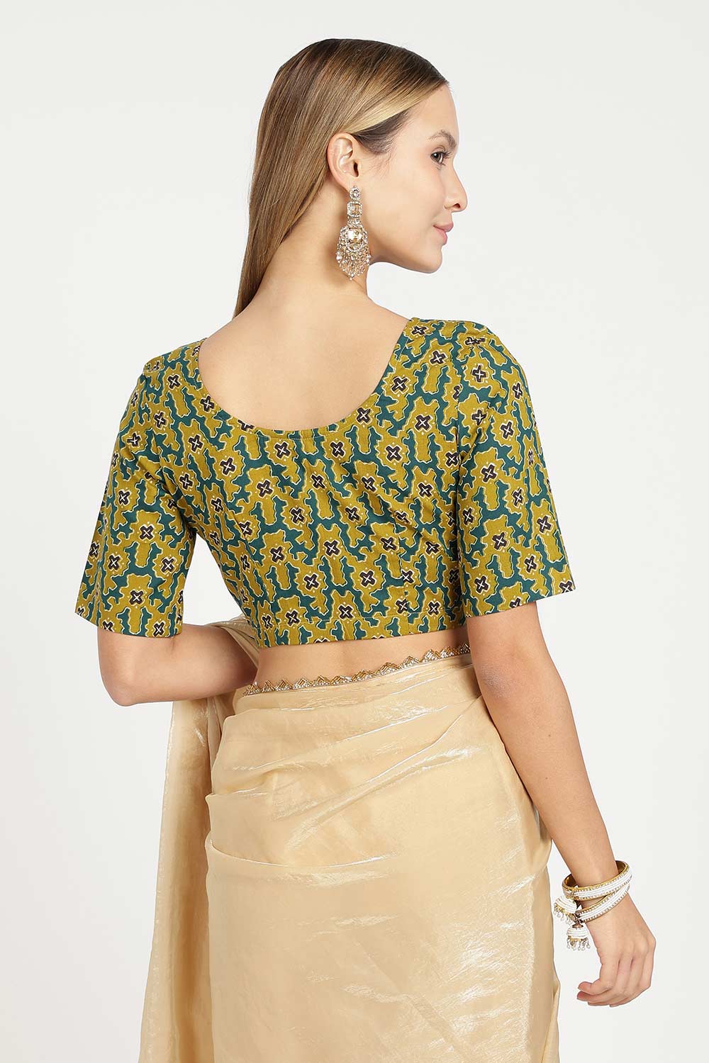 Naidu Hall Women’s Cotton Kalamkari Saree Blouse – U Neck Front Open Designer Blouse with Elbow Sleeves | Traditional Woven Cotton Blouse for Women - P6BU17