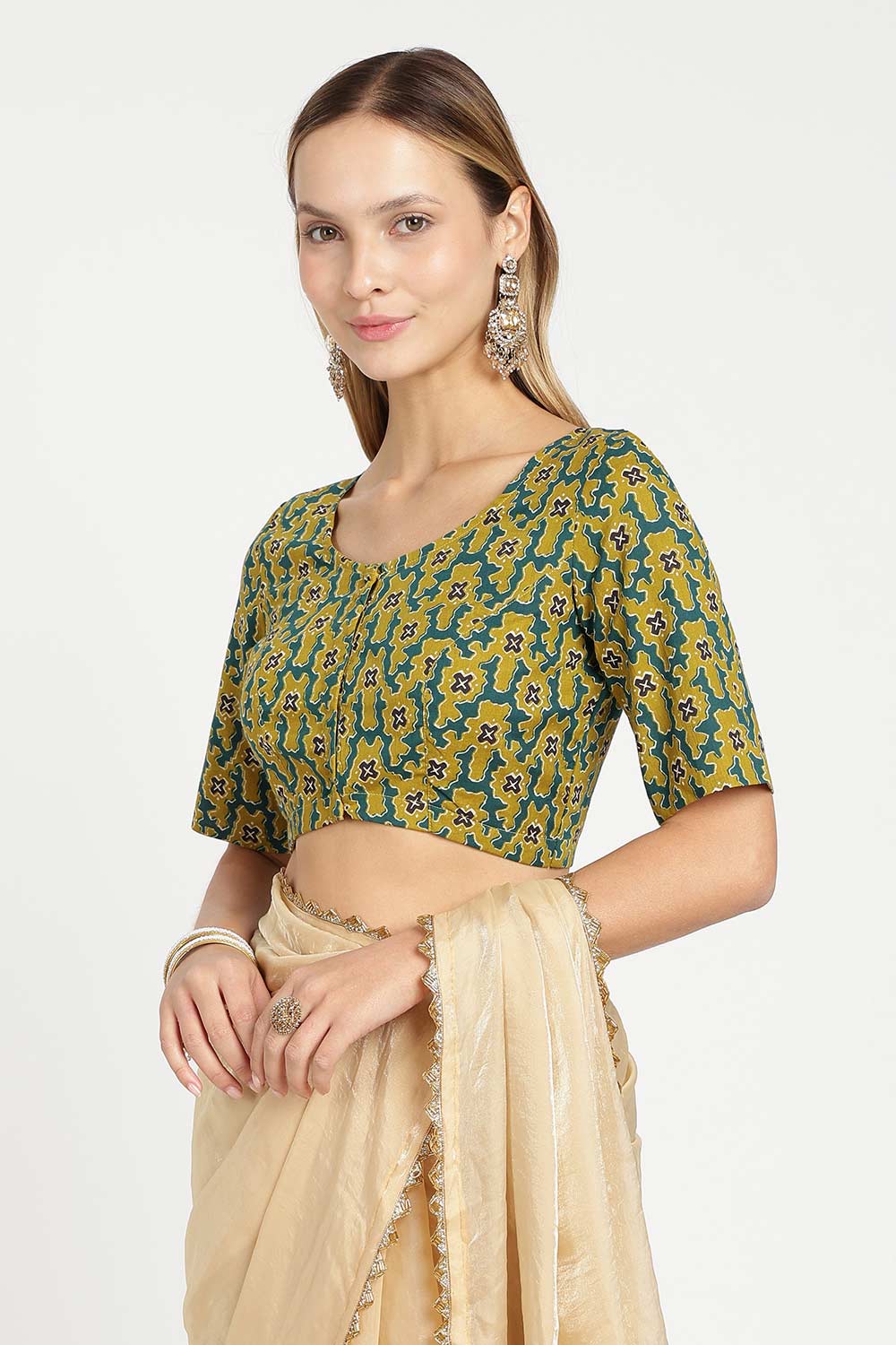 Naidu Hall Women’s Cotton Kalamkari Saree Blouse – U Neck Front Open Designer Blouse with Elbow Sleeves | Traditional Woven Cotton Blouse for Women - P6BU17