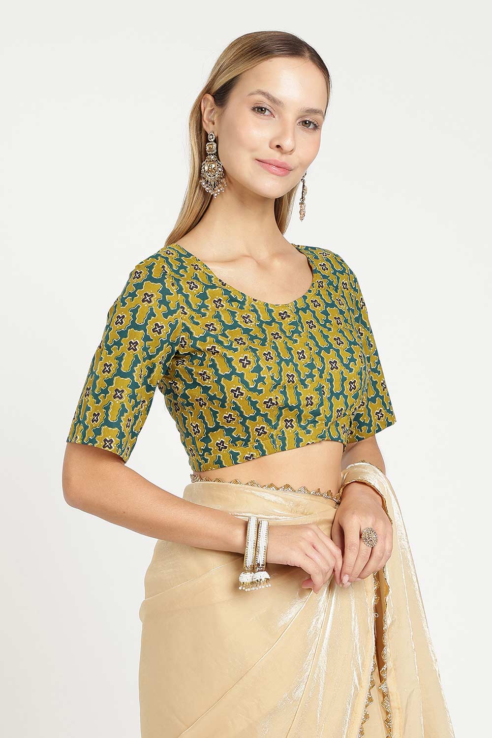 Naidu Hall Women’s Cotton Kalamkari Saree Blouse – U Neck Front Open Designer Blouse with Elbow Sleeves | Traditional Woven Cotton Blouse for Women - P6BU17