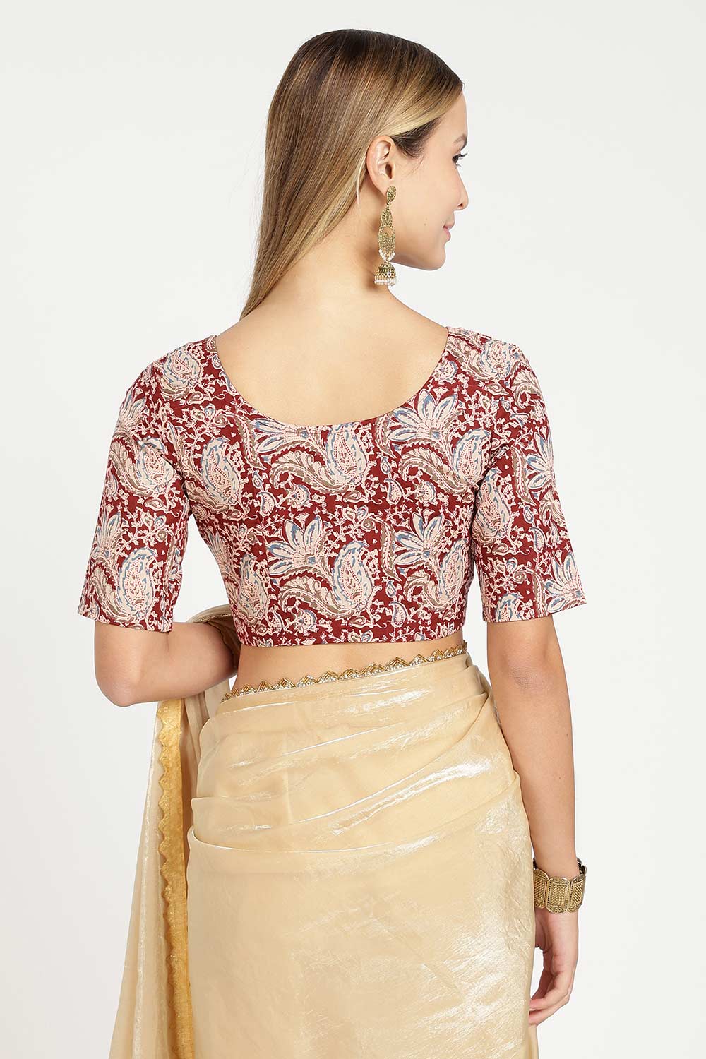 Naidu Hall Women’s Cotton Saree Blouse – U Neck Front Open Designer Blouse with Elbow Sleeves | Woven Abstract Print Blouse for Women - P6BU17