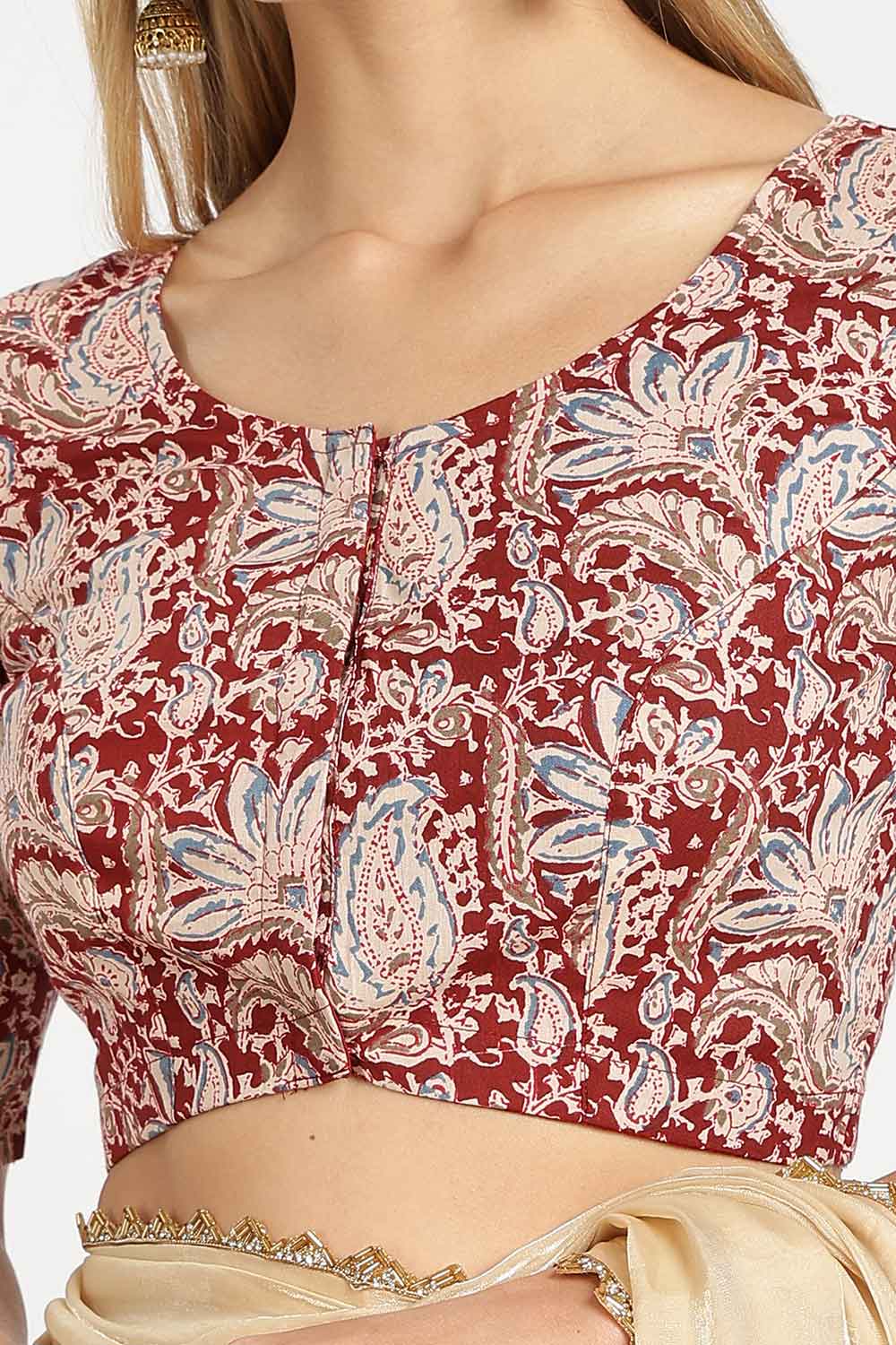 Naidu Hall Women’s Cotton Saree Blouse – U Neck Front Open Designer Blouse with Elbow Sleeves | Woven Abstract Print Blouse for Women - P6BU17