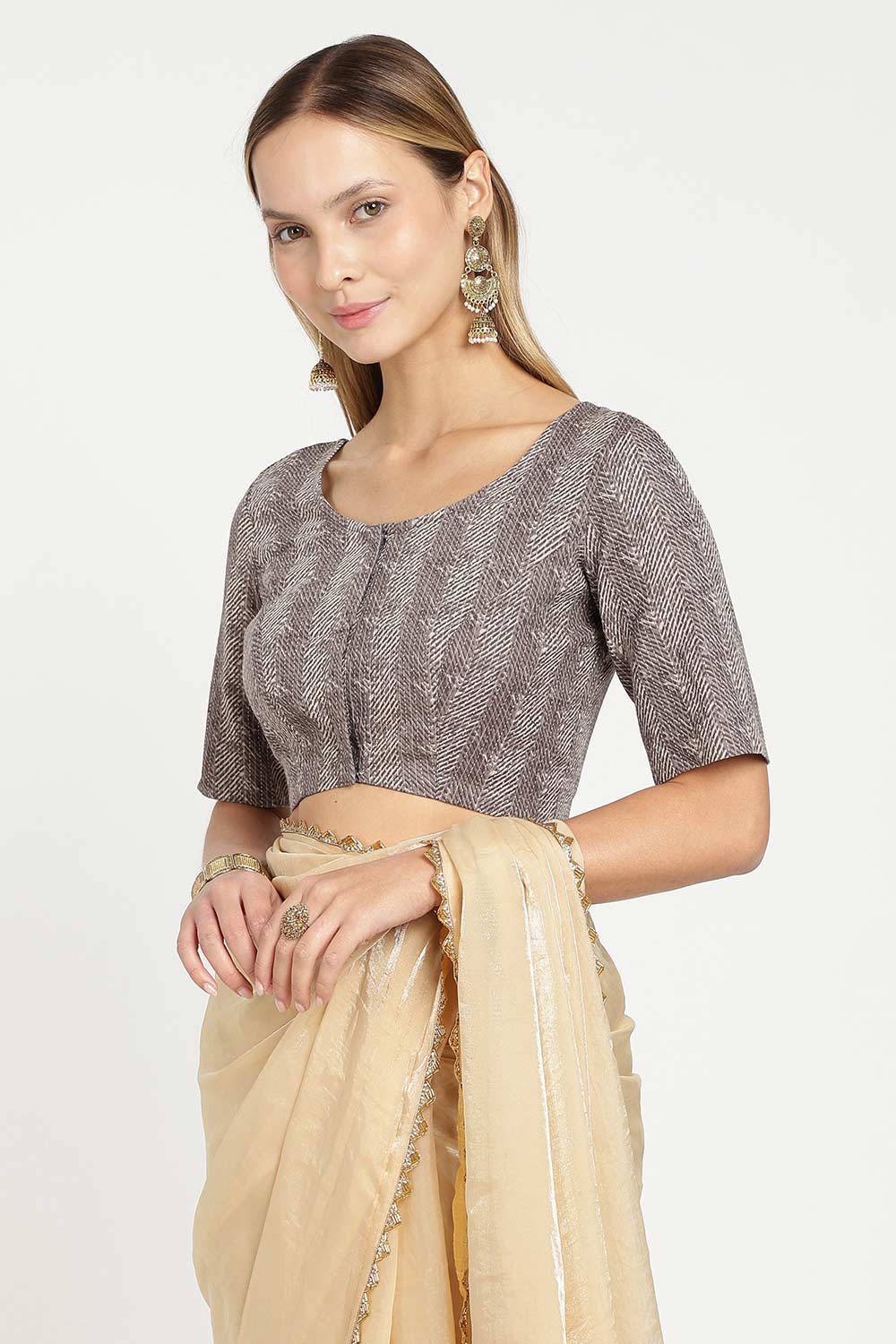 Naidu Hall Women’s Cotton Saree Blouse – Kantha Stitch U Neck Front Open Designer Blouse with Elbow Sleeves | Traditional Woven Blouse for Women - P7BU17