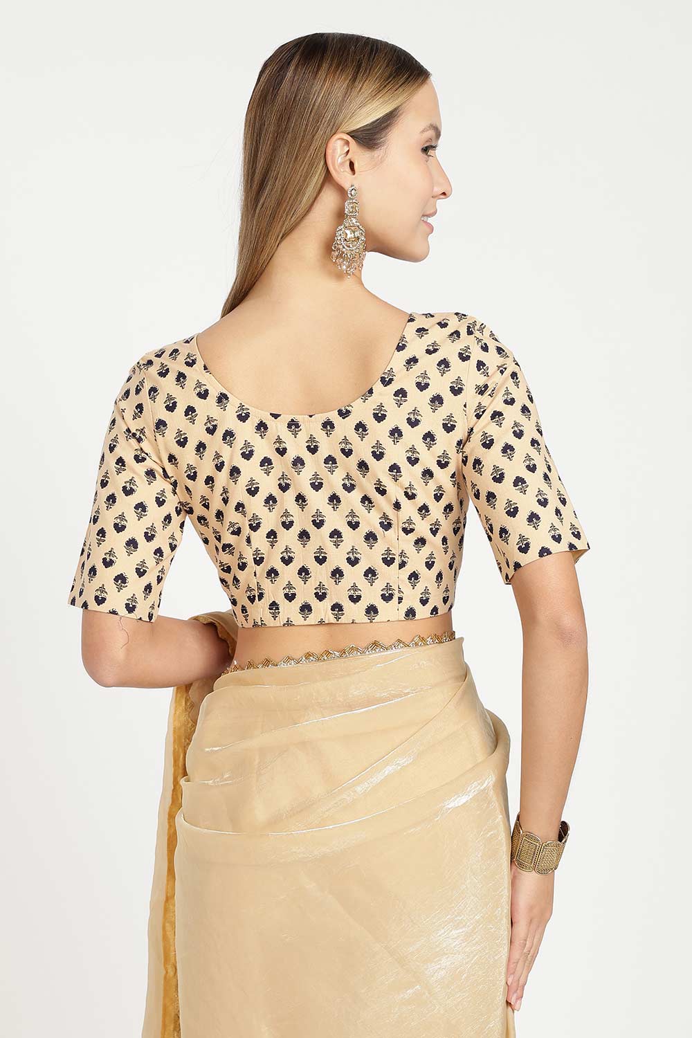 Naidu Hall Women’s Cotton Saree Blouse – Floral Butta U Neck Front Open Designer Blouse with Elbow Sleeves | Traditional Woven Blouse for Women - P8BU17