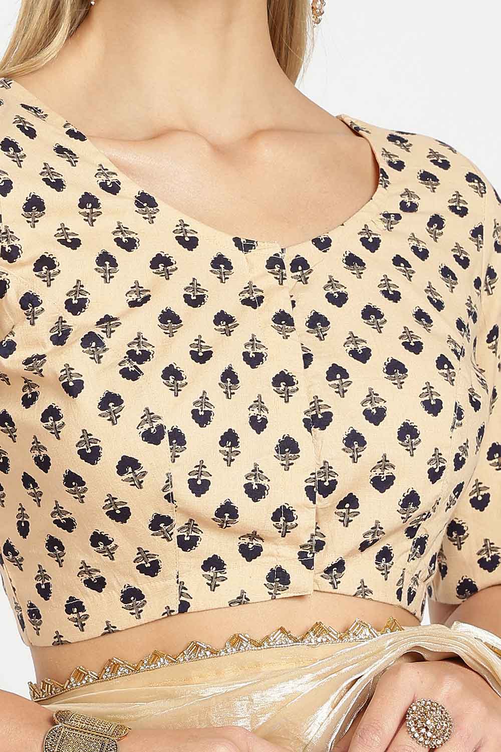 Naidu Hall Women’s Cotton Saree Blouse – Floral Butta U Neck Front Open Designer Blouse with Elbow Sleeves | Traditional Woven Blouse for Women - P8BU17