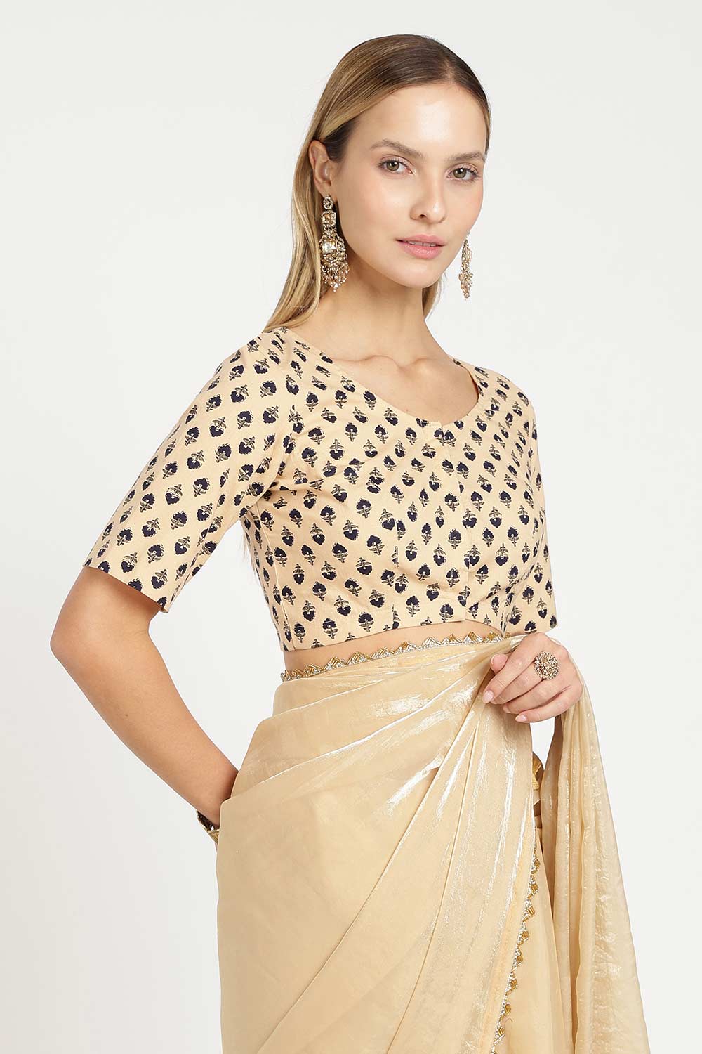 Naidu Hall Women’s Cotton Saree Blouse – Floral Butta U Neck Front Open Designer Blouse with Elbow Sleeves | Traditional Woven Blouse for Women - P8BU17