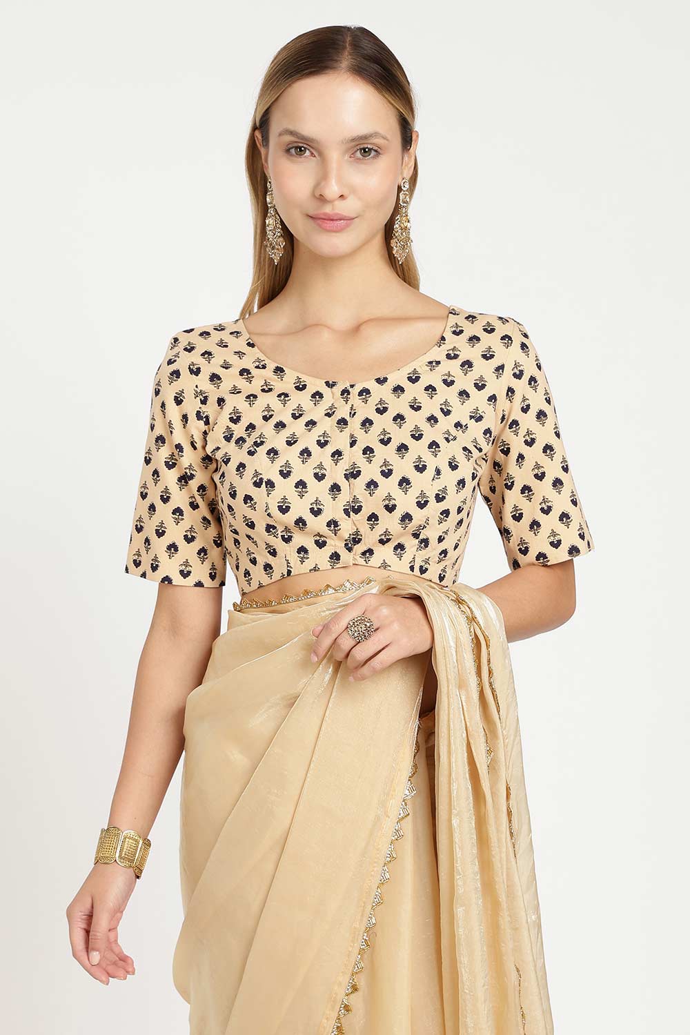 Naidu Hall Women’s Cotton Saree Blouse – Floral Butta U Neck Front Open Designer Blouse with Elbow Sleeves | Traditional Woven Blouse for Women - P8BU17