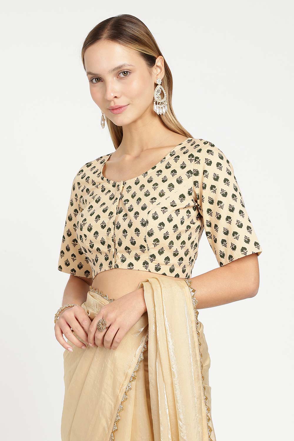 Naidu Hall Women’s Cotton Saree Blouse – Floral Butta U Neck Front Open Designer Blouse with Elbow Sleeves | Traditional Woven Blouse for Women - P8BU17