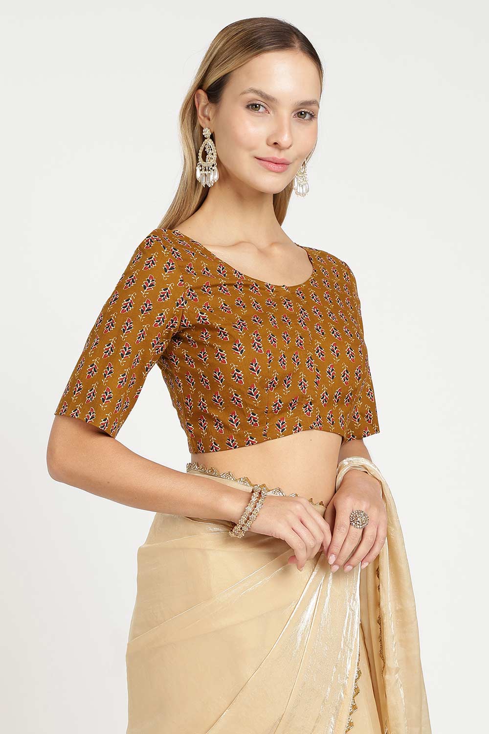 Naidu Hall Women’s Cotton Saree Blouse – Leaf Butta U Neck Front Open Designer Blouse with Elbow Sleeves | Traditional Woven Blouse for Women - P9BU17