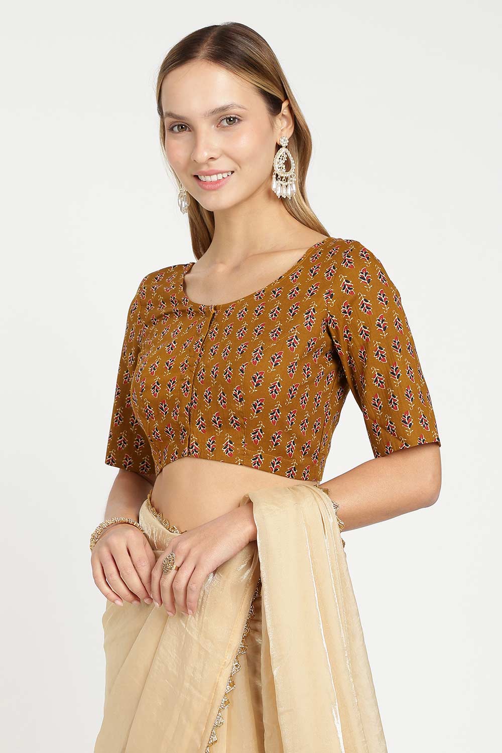 Naidu Hall Women’s Cotton Saree Blouse – Leaf Butta U Neck Front Open Designer Blouse with Elbow Sleeves | Traditional Woven Blouse for Women - P9BU17