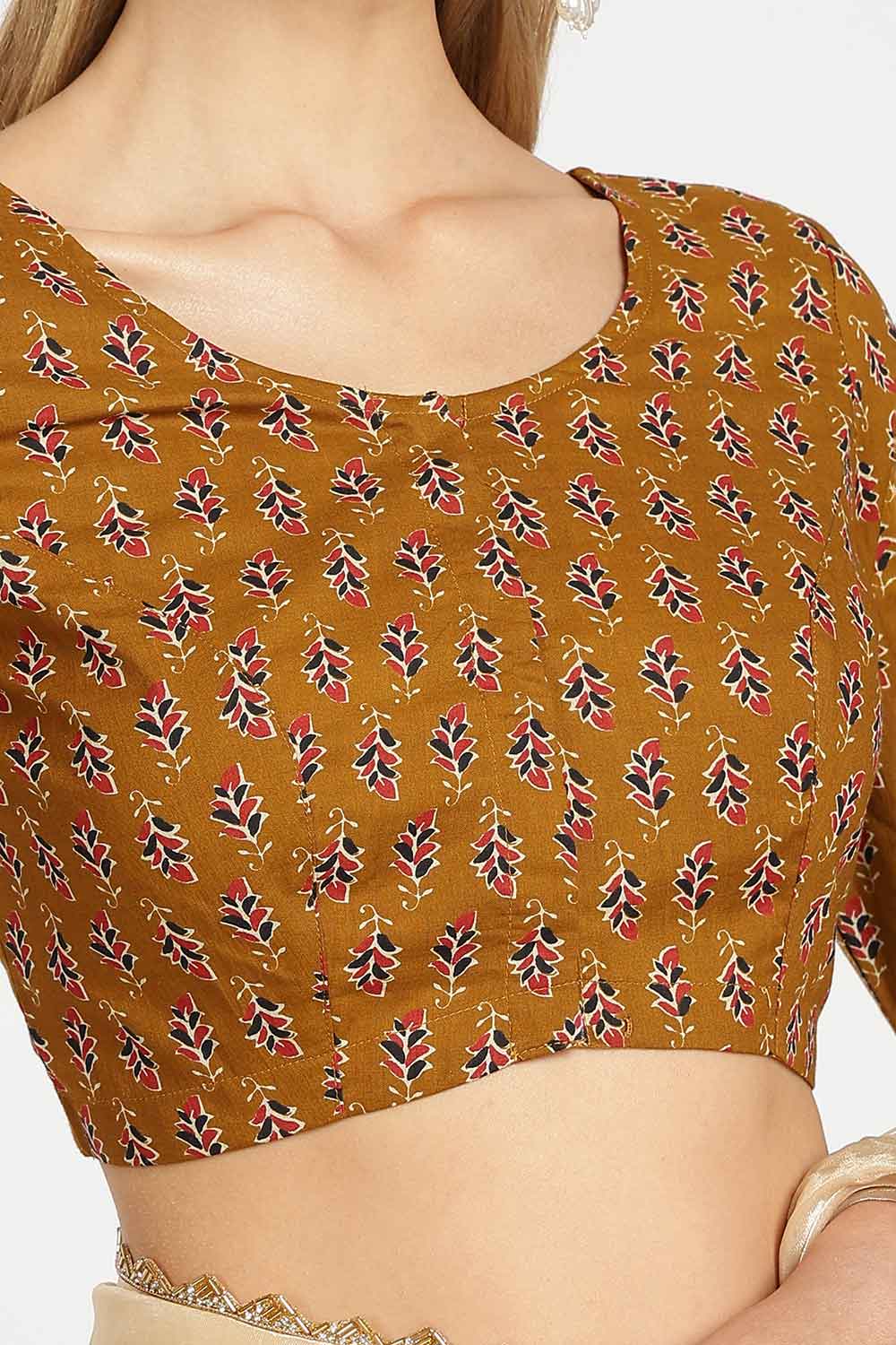 Naidu Hall Women’s Cotton Saree Blouse – Leaf Butta U Neck Front Open Designer Blouse with Elbow Sleeves | Traditional Woven Blouse for Women - P9BU17