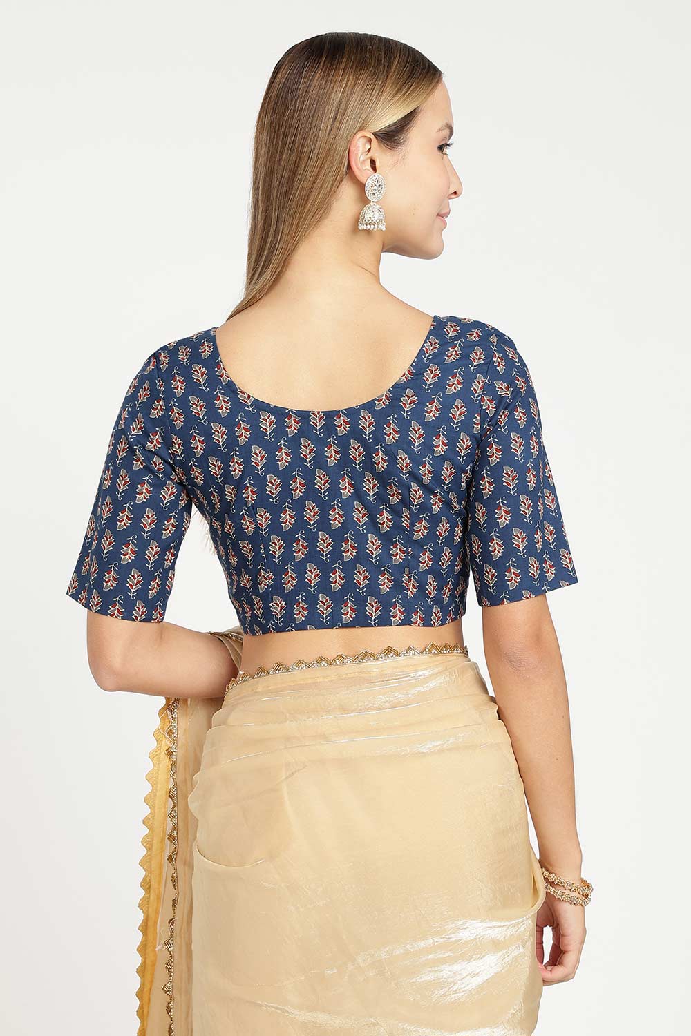 Naidu Hall Women’s Cotton Saree Blouse – Leaf Butta U Neck Front Open Designer Blouse with Elbow Sleeves | Traditional Woven Blouse for Women - P9BU17