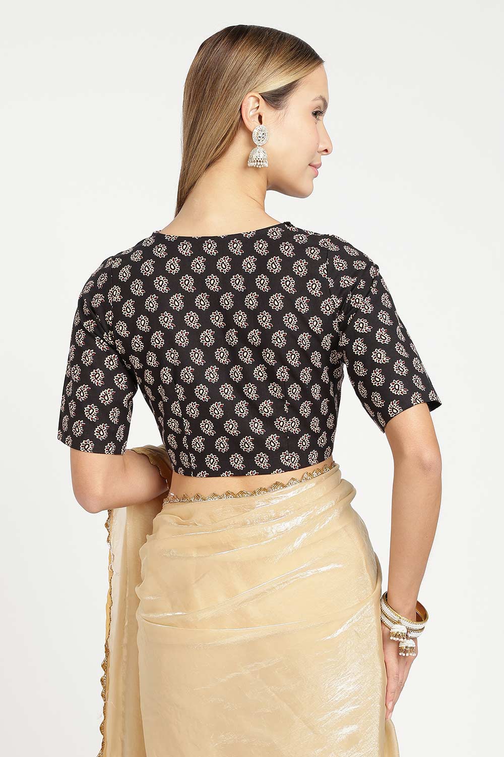 Naidu Hall Women’s Jaipur Cotton Paisley Printed Saree Blouse – Lapel Collar Front Open Designer Blouse with 3/4 Sleeves - BU21