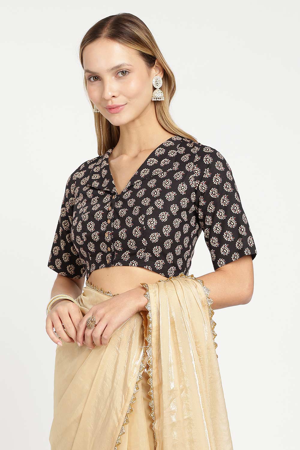 Naidu Hall Women’s Jaipur Cotton Paisley Printed Saree Blouse – Lapel Collar Front Open Designer Blouse with 3/4 Sleeves - BU21