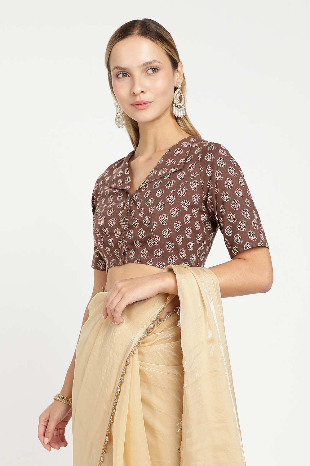 Naidu Hall Women’s Jaipur Cotton Paisley Printed Saree Blouse – Lapel Collar Front Open Designer Blouse with 3/4 Sleeves - BU21