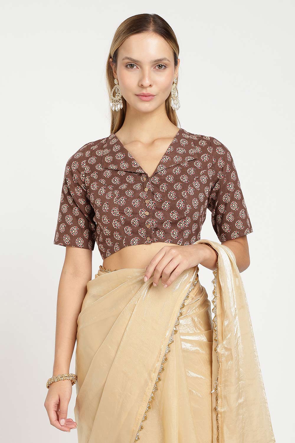 Elbow Sleeve Jaipur Paisley Cotton Saree Blouse with Lapel Collar