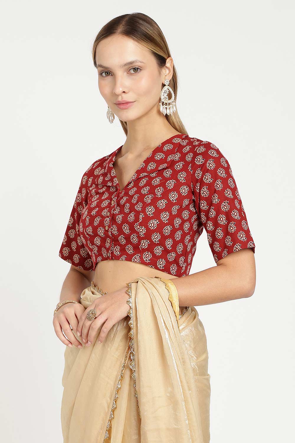 Naidu Hall Women’s Jaipur Cotton Paisley Printed Saree Blouse – Lapel Collar Front Open Designer Blouse with 3/4 Sleeves - BU21