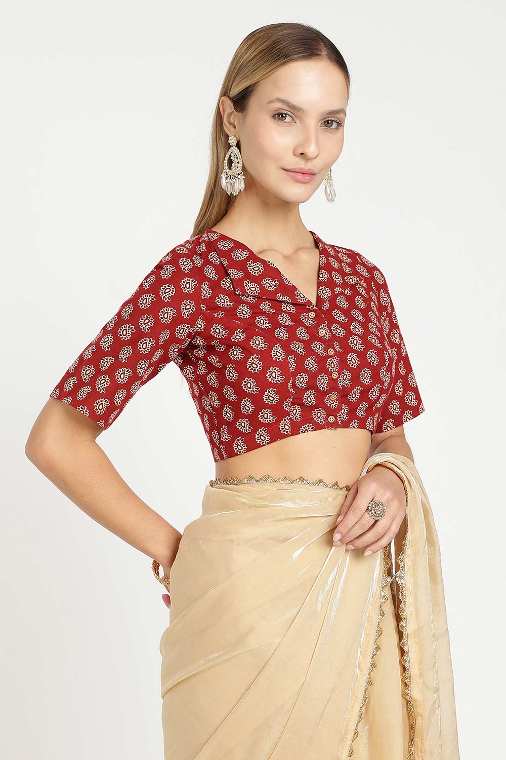 Naidu Hall Women’s Jaipur Cotton Paisley Printed Saree Blouse – Lapel Collar Front Open Designer Blouse with 3/4 Sleeves - BU21