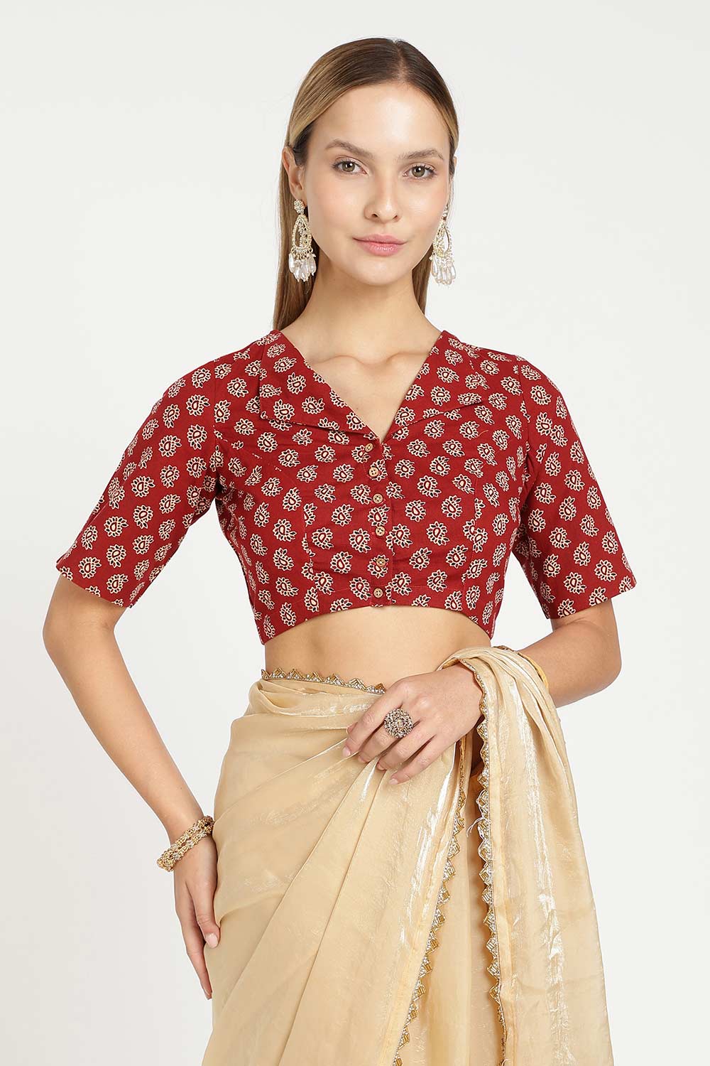 Naidu Hall Women’s Jaipur Cotton Paisley Printed Saree Blouse – Lapel Collar Front Open Designer Blouse with 3/4 Sleeves - BU21