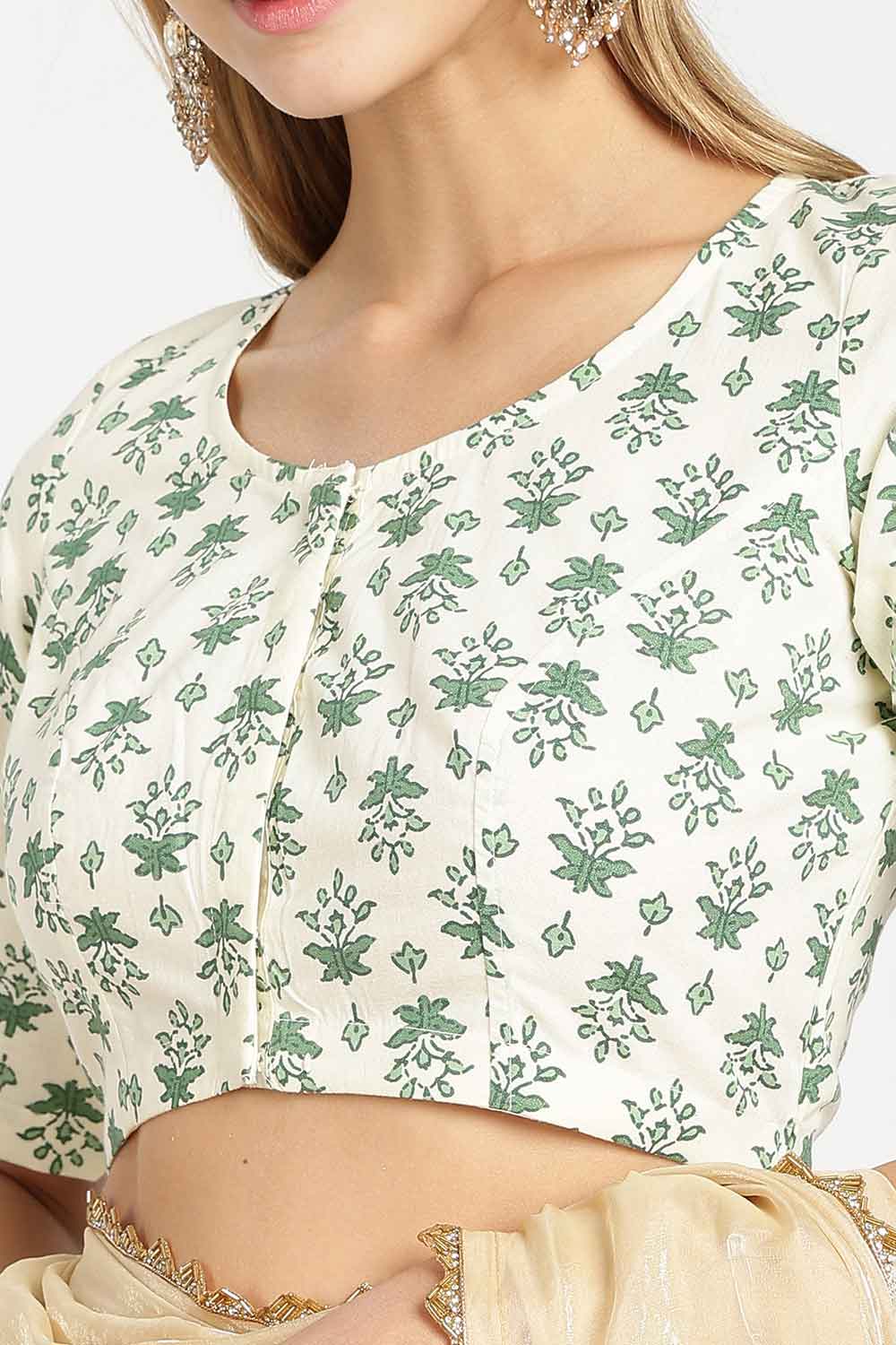 Naidu Hall Women’s Designer Cotton Blouse – Jaipur Printed Lapel Collar Front Open Blouse with Wooden Buttons | Regular Fit Woven Saree Blouse - BU23